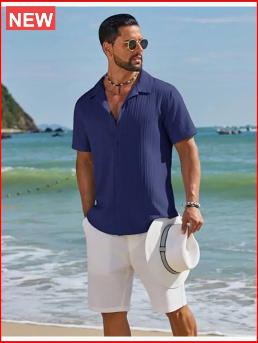 Short Sleeve Textured Button Down Summer Beach Shirt Casual - Picture 2 of 7